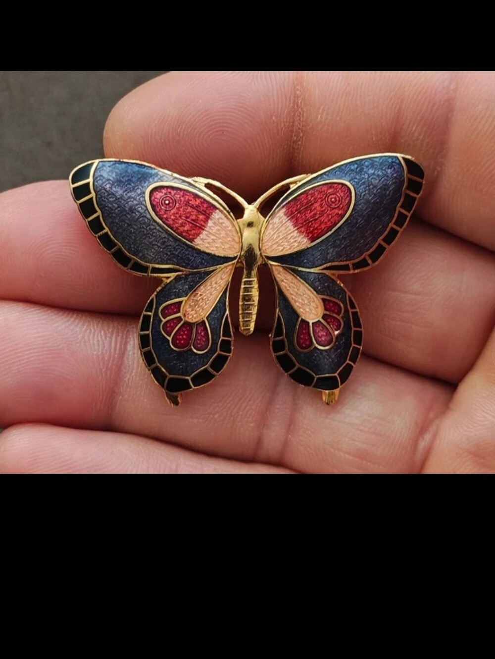 1980s Cloisonné Enamel Butterfly Gold Tone Brooch